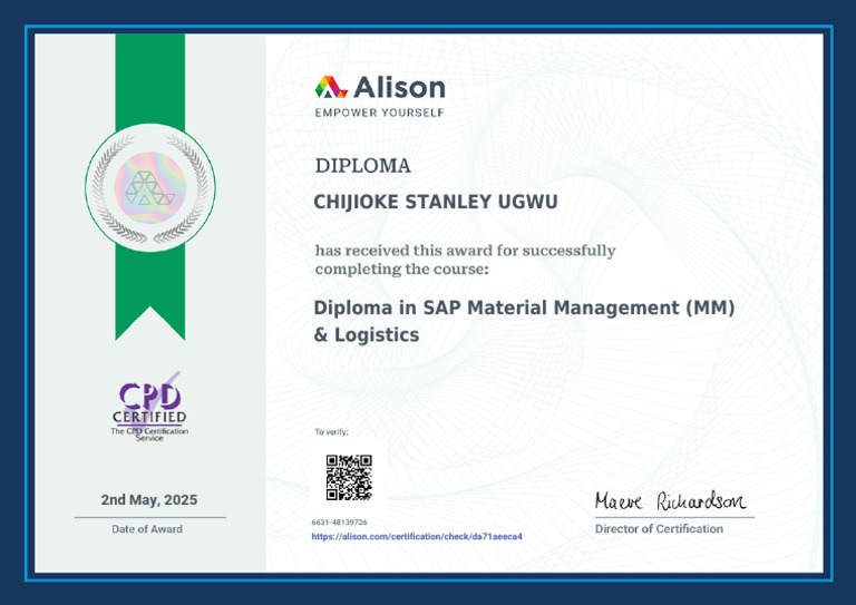 Alison SAP MM Diploma Certification | PDF