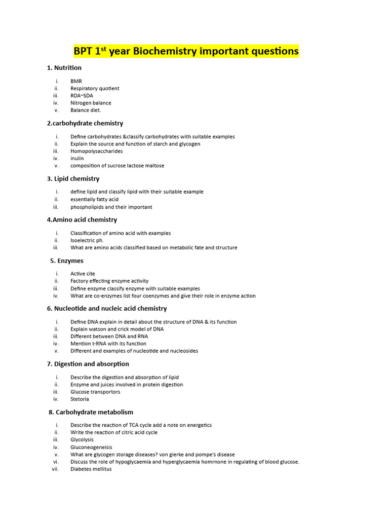 Key Biochemistry Questions for BPT 1st Year | PDF | Metabolism ...