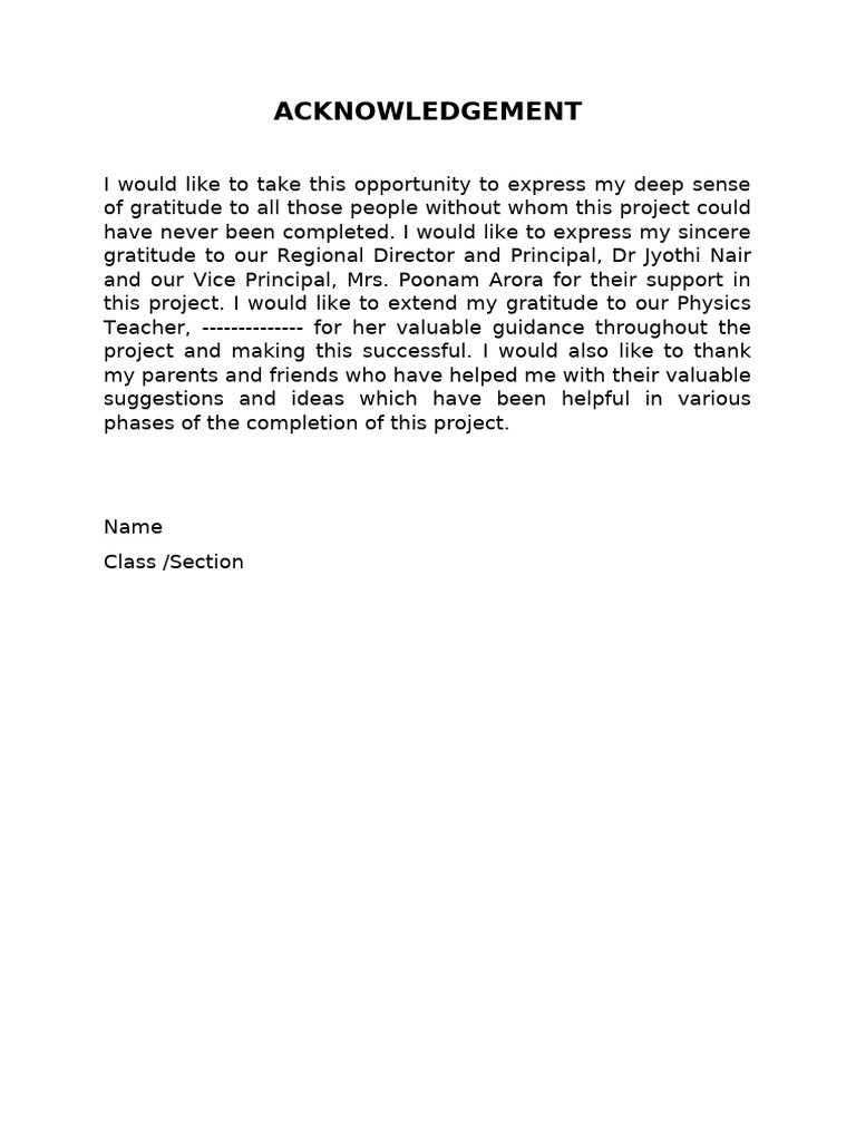 Acknowledgement Example - Investigatory Project | PDF