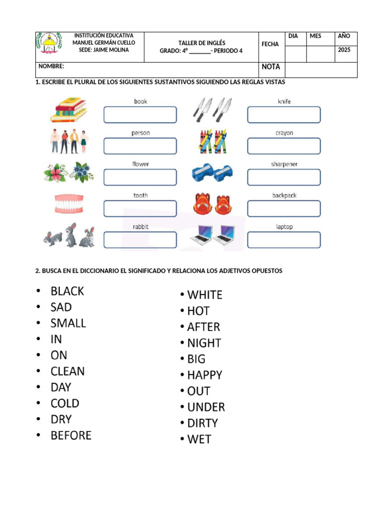 Taller de Inglés para 4° Grado 2025 | PDF