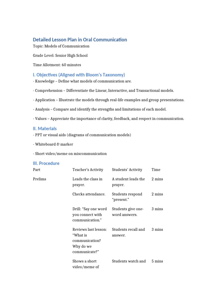 Detailed Lesson Plan Models of Communication | PDF | Communication ...