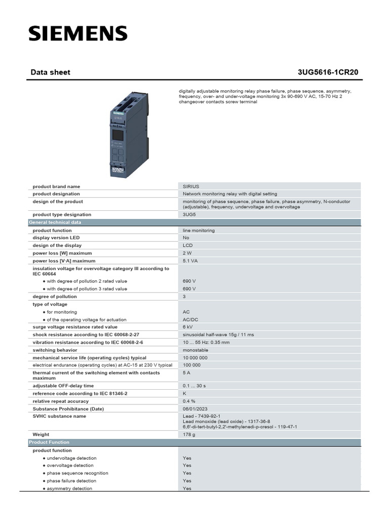 3UG5616-1CR20 Monitoring Relay Data Sheet | PDF | Alternating Current ...