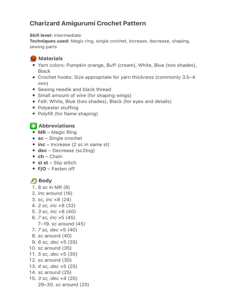 Charizard Crochet Pattern Guide | PDF | Crochet | Yarn