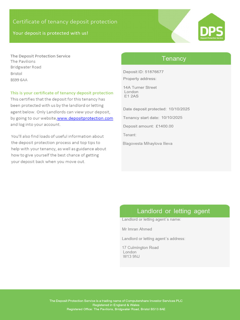 Tenancy Deposit Protection Certificate | PDF