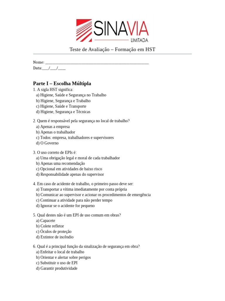 Teste de Avaliação em HST | PDF