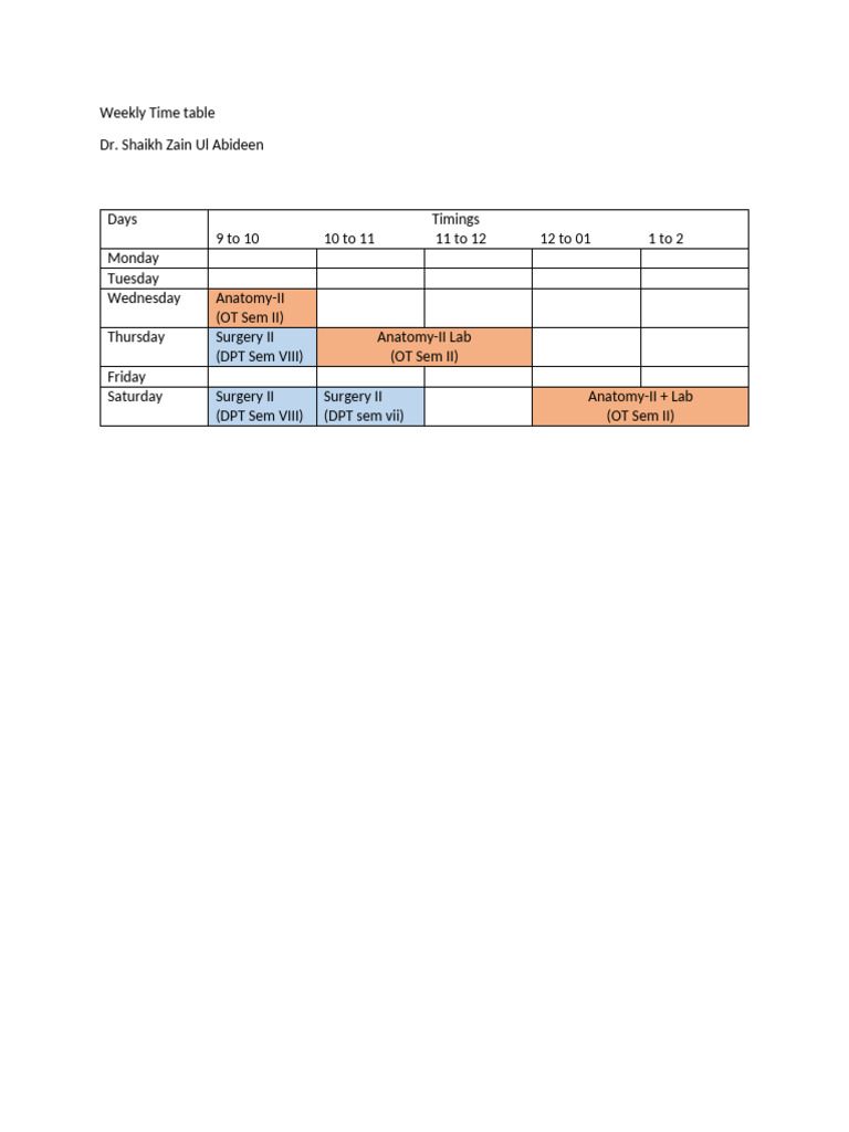Weekly Timetable for Anatomy and Surgery | PDF