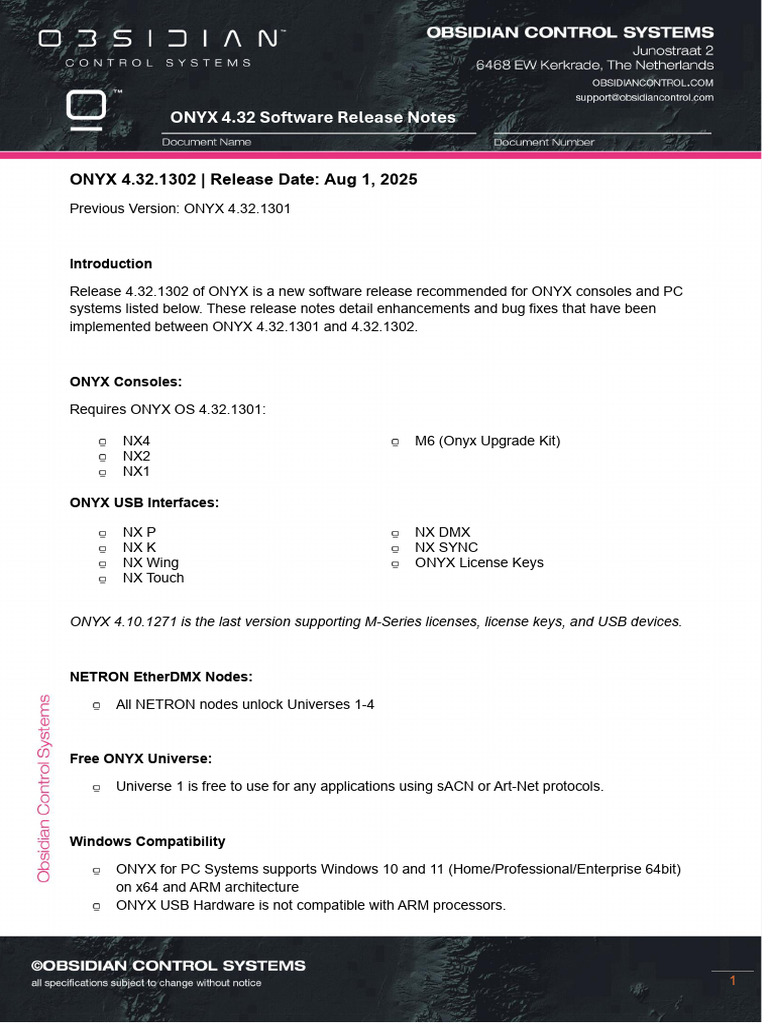 ONYX 4.32.1302 Release Notes | PDF | Microsoft Windows | Usb
