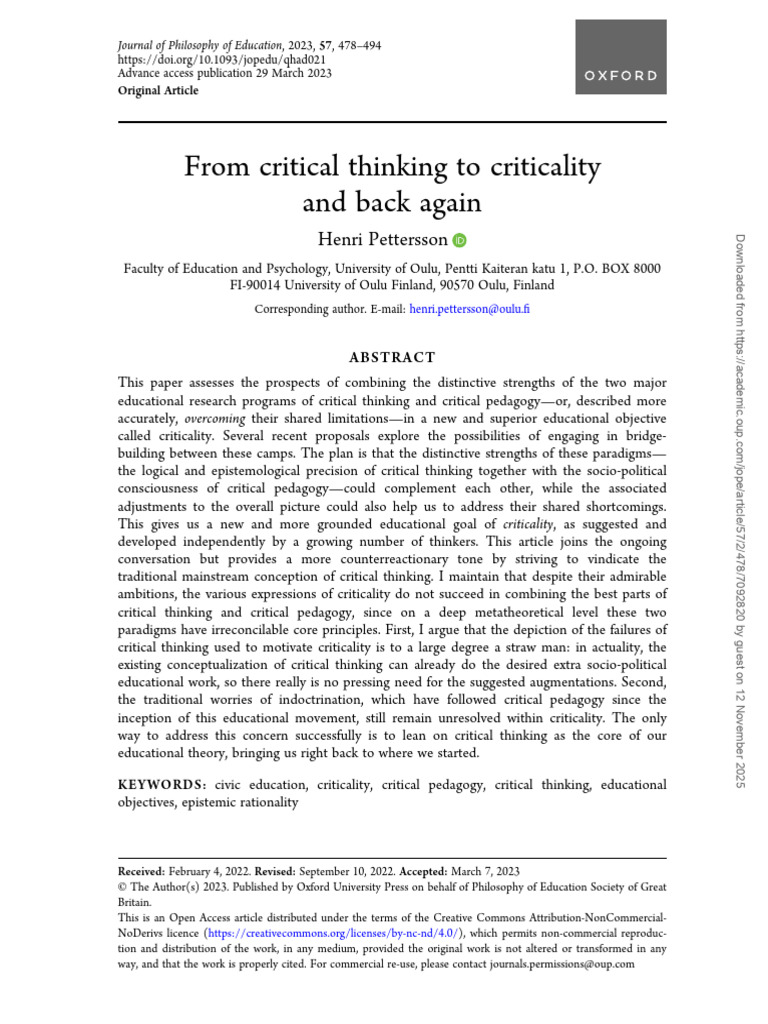 Critical Thinking vs. Critical Pedagogy | PDF | Critical Thinking | Thought