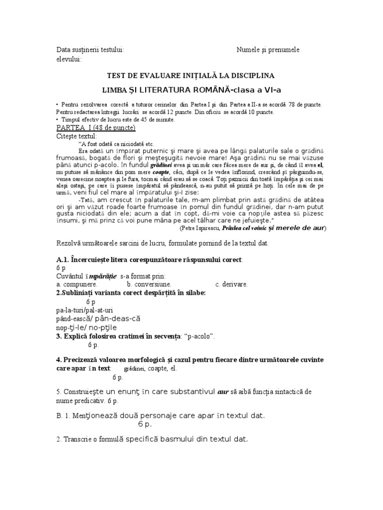 Test Initial La Romana Clasa a via Dupa Modelul Mects