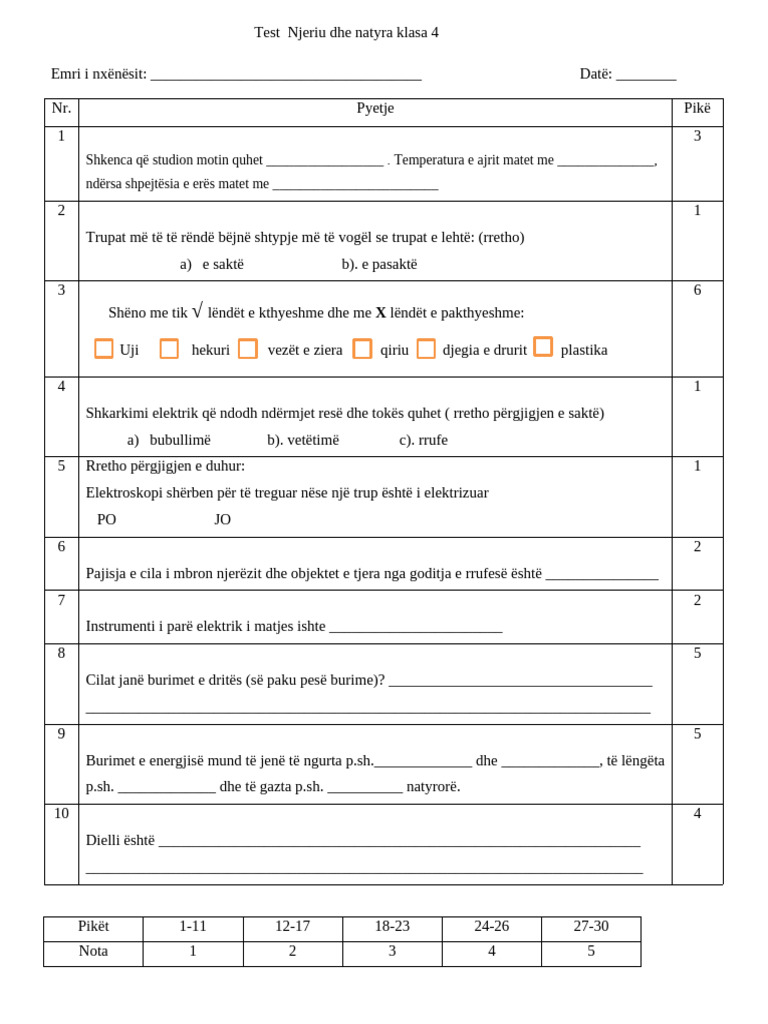 Test Njeriu Dhe Natyra Mars Resa 4 | PDF