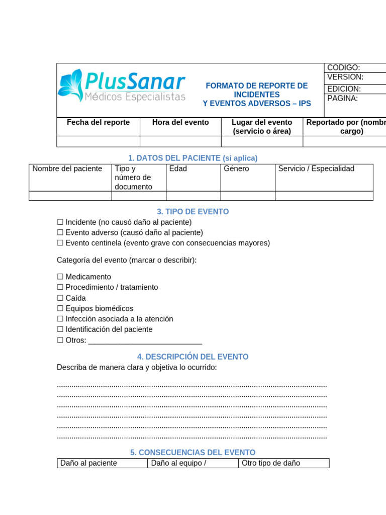 Formato de Reporte de Incidentes IPS | PDF | Especialidades Medicas ...