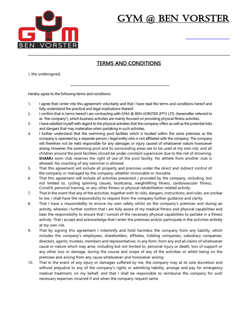 Gym Membership Terms and Conditions | PDF | Indemnity | Civil Law ...