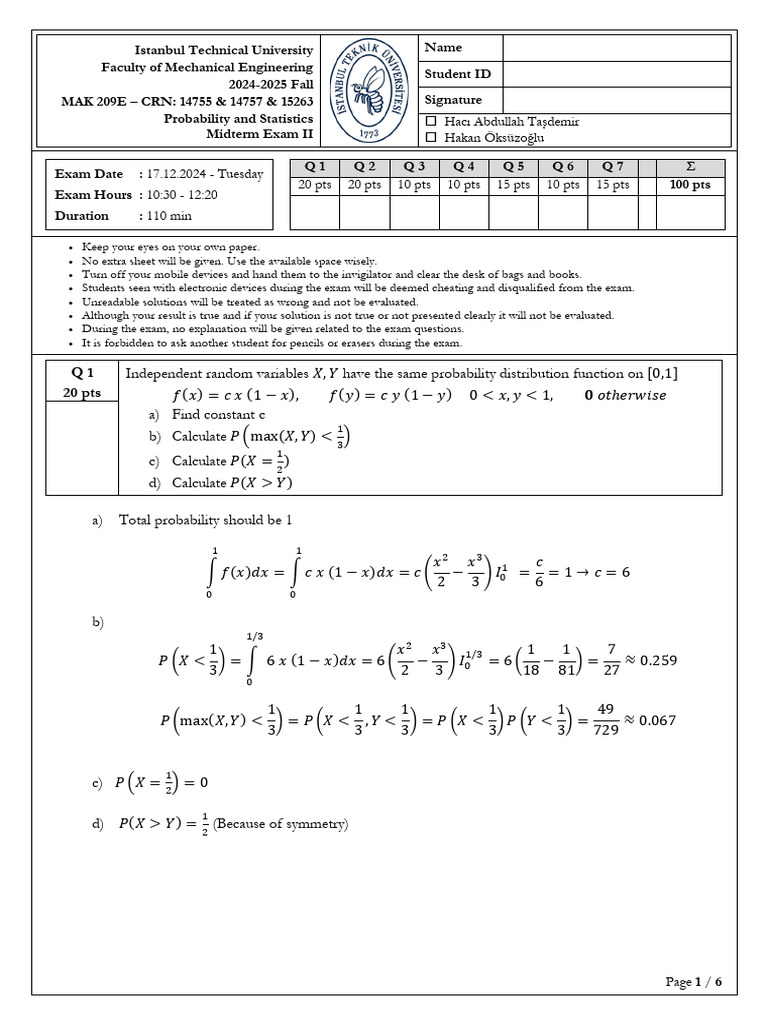 Istanbul Technical University Probability Exam | PDF | Probability ...
