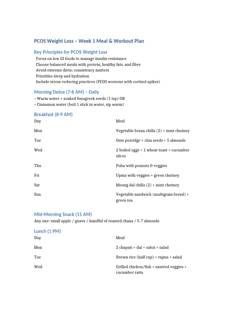 PCOS Weight Loss: Week 1 Meal & Workout Plan | PDF | Meal | Chutney