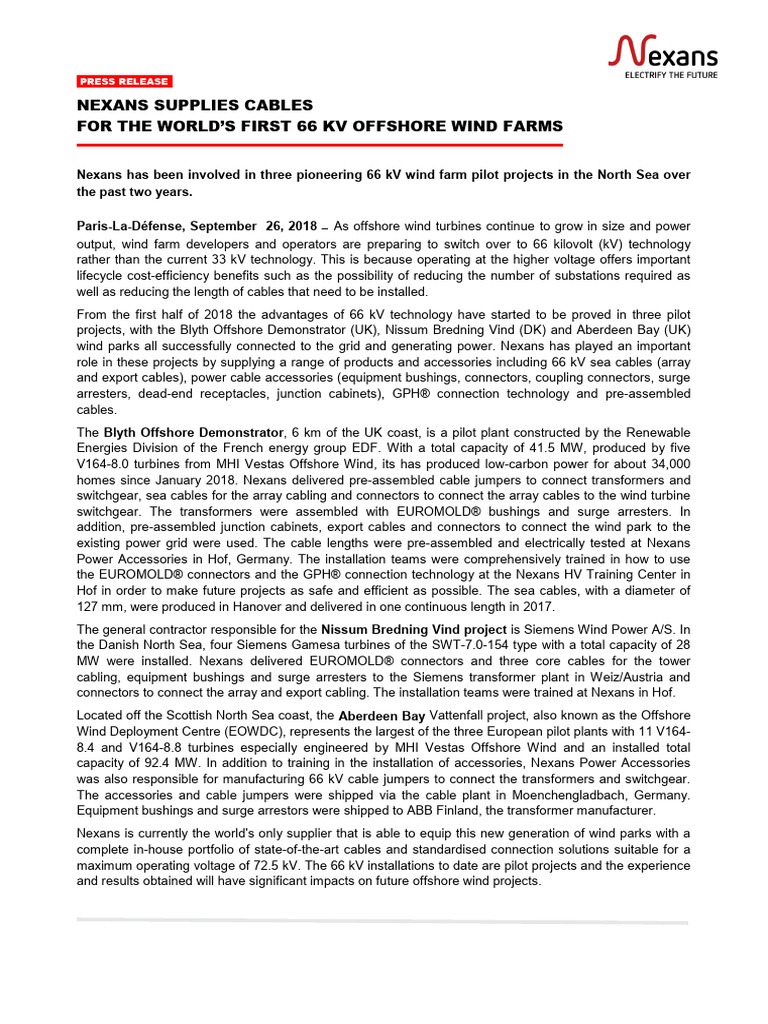 Nexans Delivers 66 kV Cables for Wind Farms | PDF | Offshore Wind Power ...