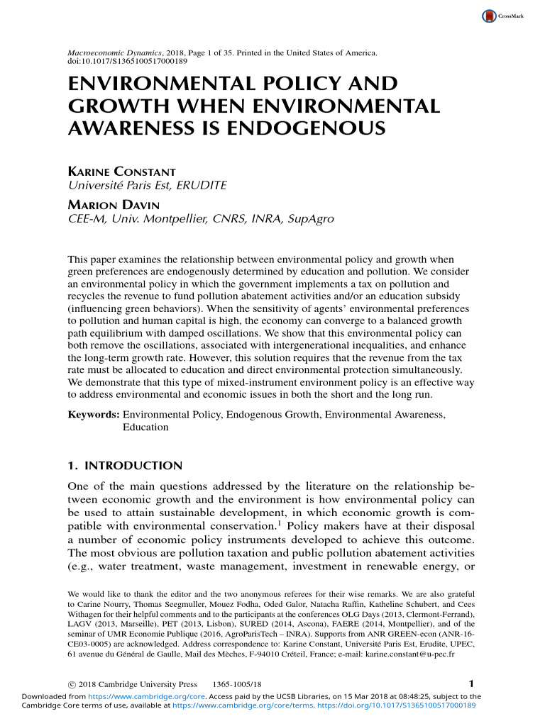 Environmental Policy and Economic Growth | PDF | Environmental Policy ...