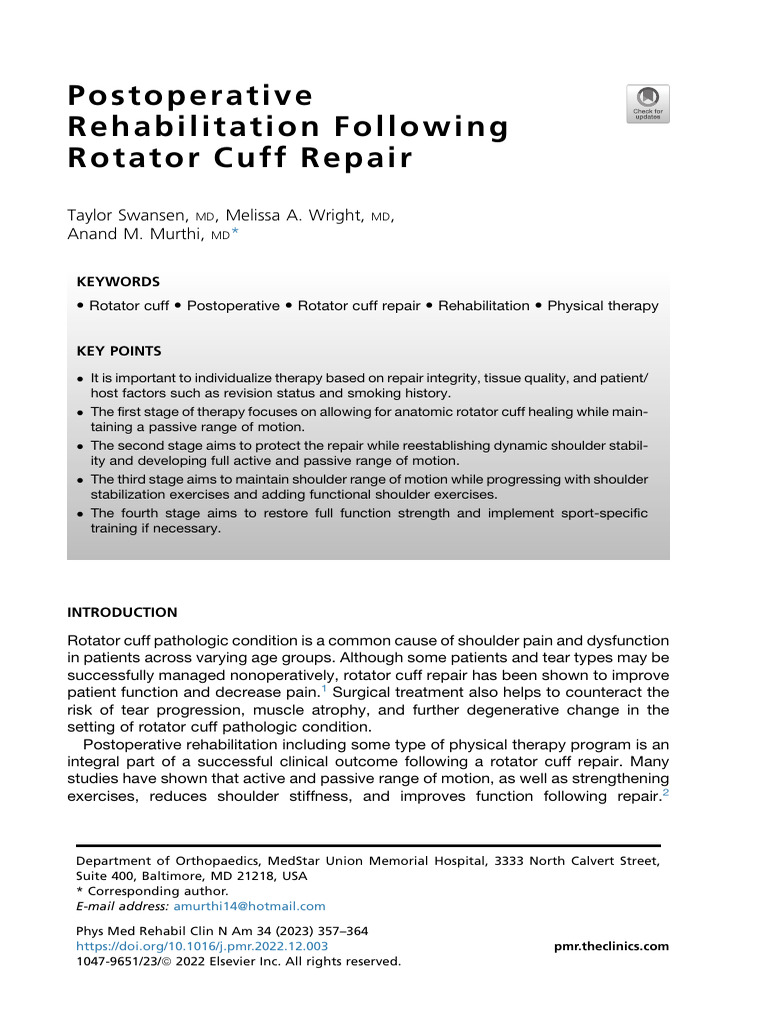Postoperative Rehabilitation Following Rotator Cuff Repair | PDF ...