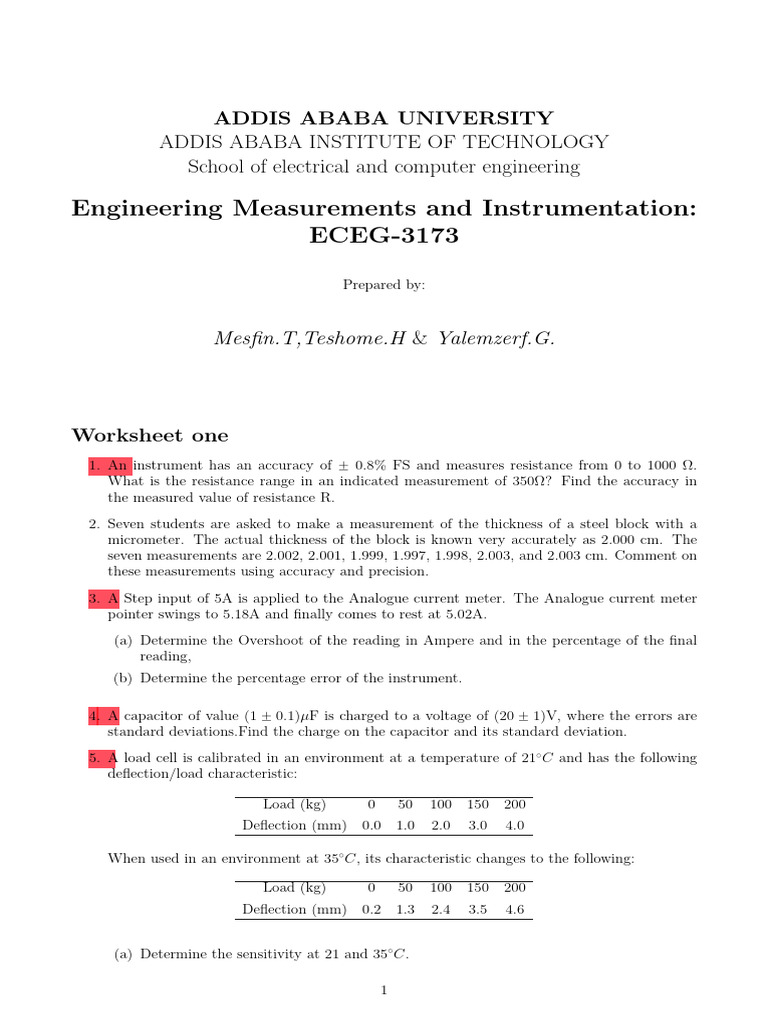 Engineering Measurements Worksheet | PDF | Thermometer | Temperature