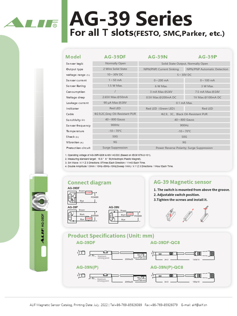 AG-39 Series Magnetic Sensor Specs | PDF | Direct Current | Switch