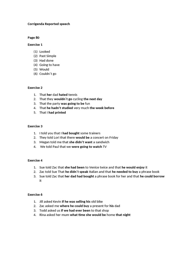 Reported Speech Exercises and Answers | PDF