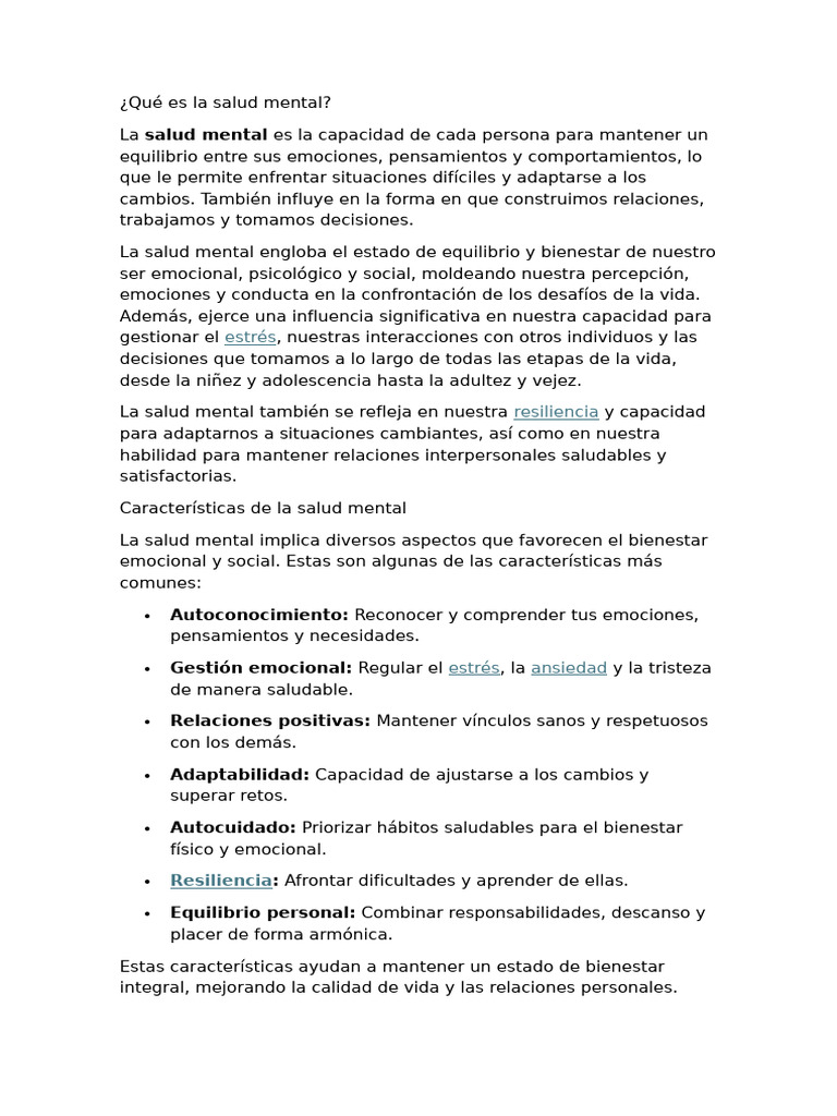 Importancia y características de la salud mental | PDF | Salud mental ...