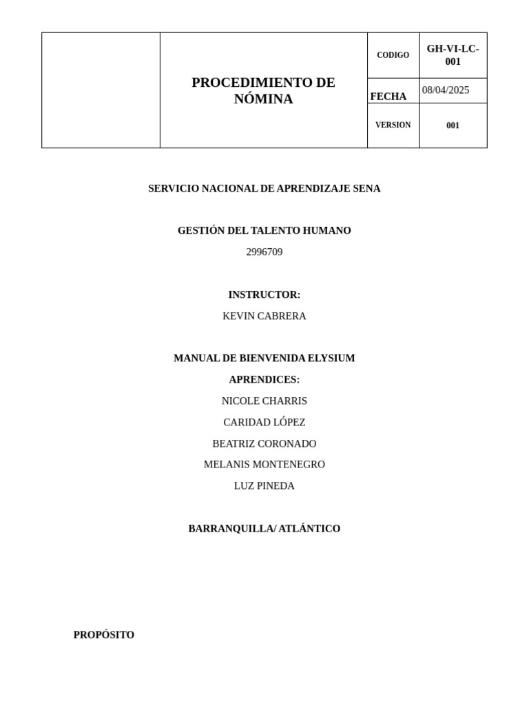 Procedimiento de Nómina ELYSIUM 2025 | PDF | Cheque de pago | Salario