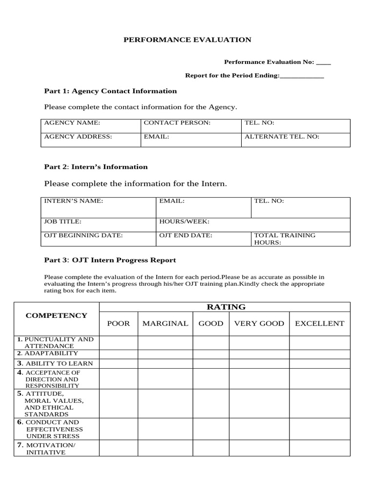 OJT Intern Performance Evaluation Form | PDF | Performance Appraisal ...