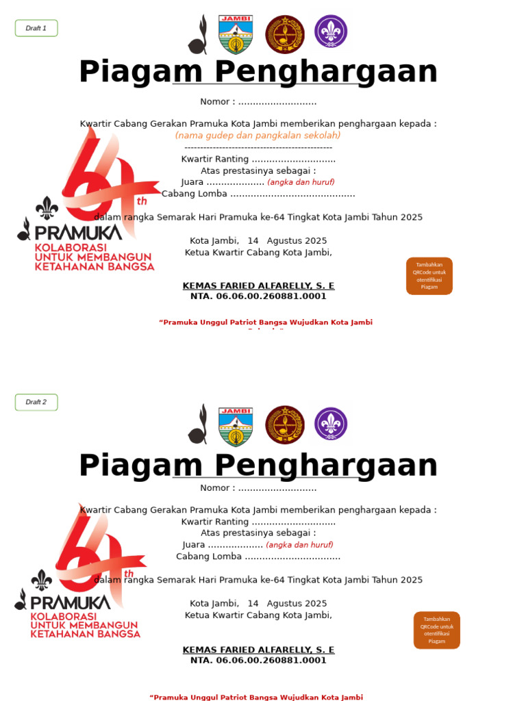 Draft Piagam Penghargaan Pramuka | PDF