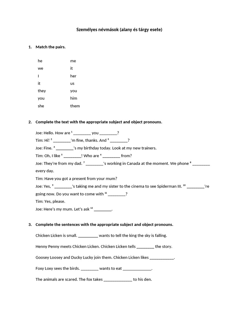 Subject and Object Pronouns Exercises | PDF