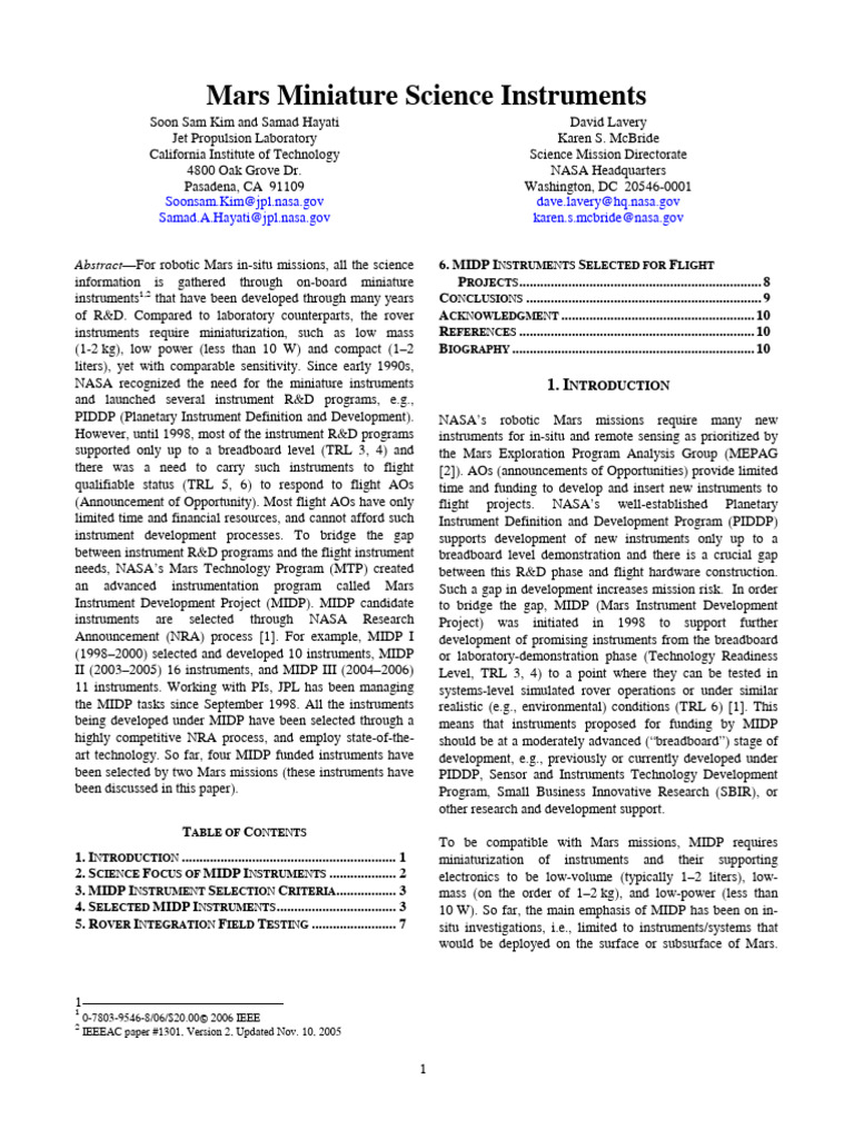 Mars Miniature Instruments Development | PDF | Mass Spectrometry | Mars