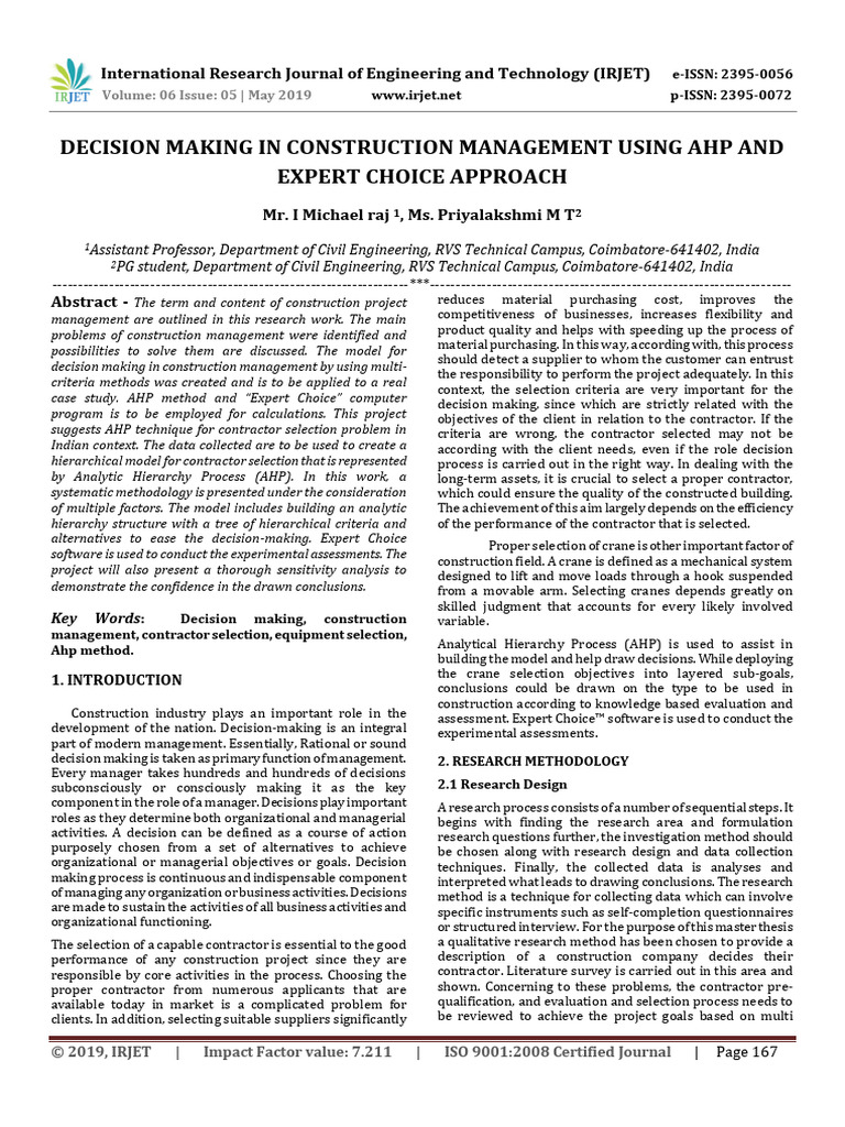 Decision Making in Construction Management Using Ahp and Expert Choice ...