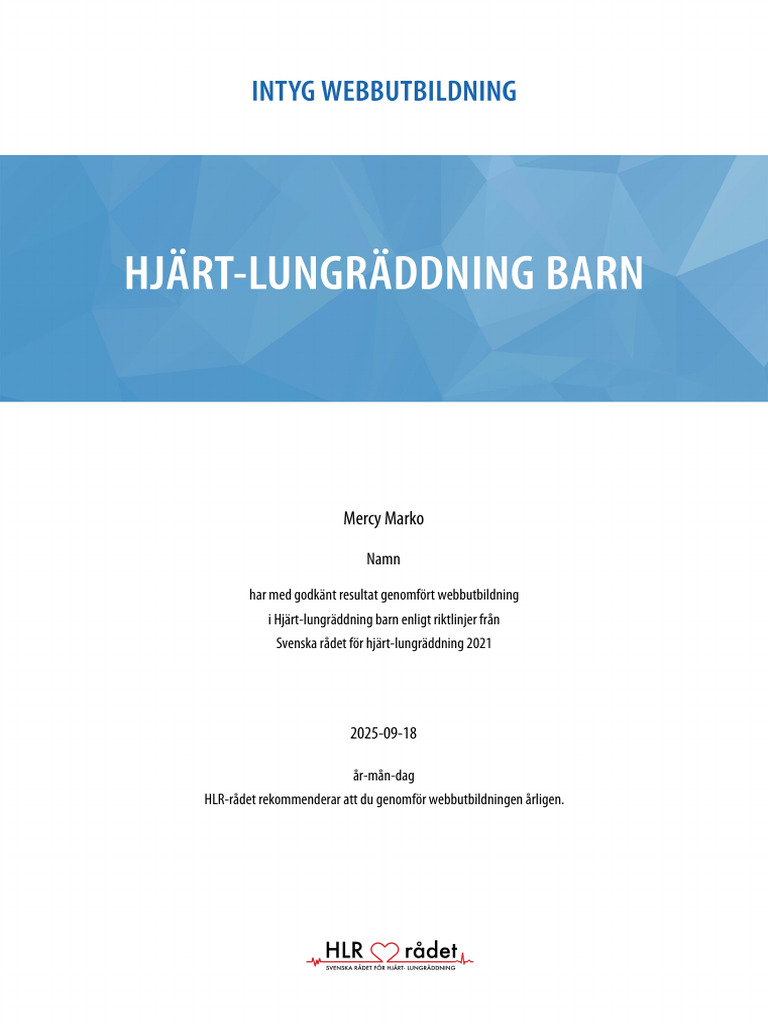Grundutbildning Hjärt-Lungräddning Barn - Intyg Webbutbildning | PDF