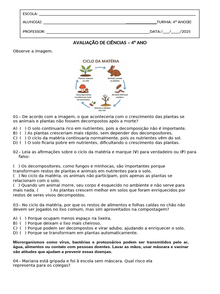 Avaliação de Ciências 4º Ano: Ciclo da Matéria | PDF | Decomposição ...
