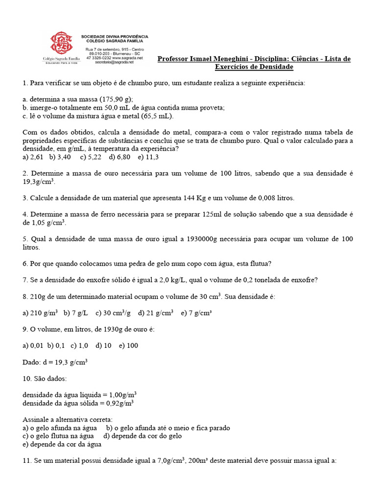 Exercícios de Densidade em Ciências | PDF