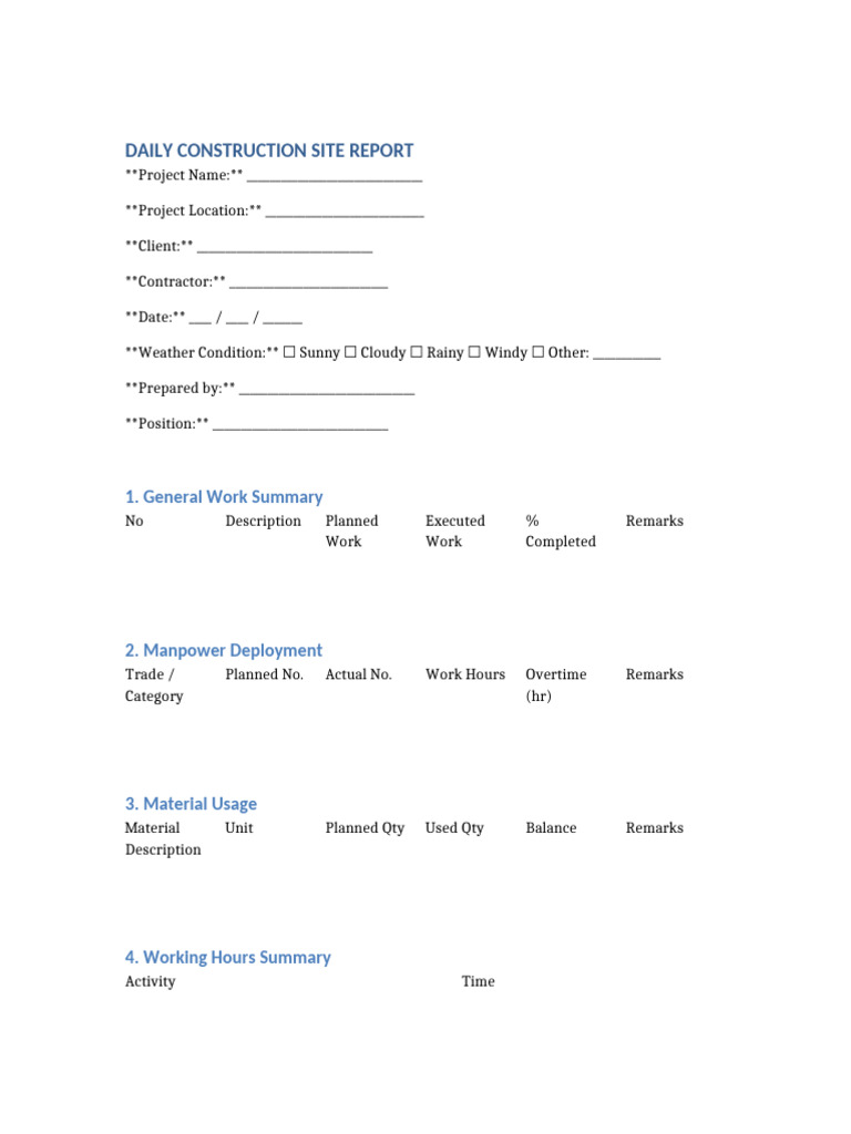 Daily Construction Site Report Template | PDF