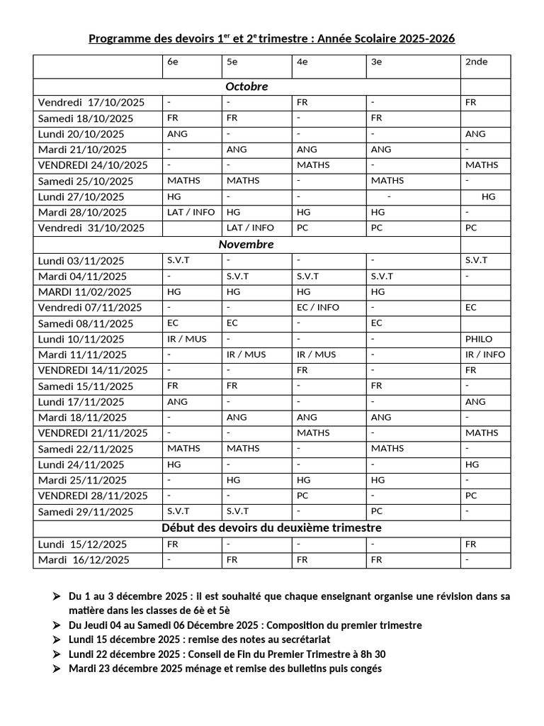 Programme Devoirs 2025-2026 Trimestres 1 & 2 | PDF