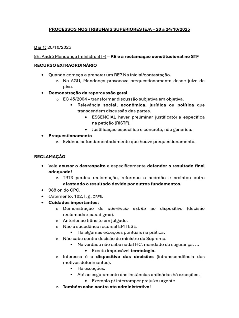 Notas de aula Igor Matuck - Processos nos tribunais superiores IEJA ...