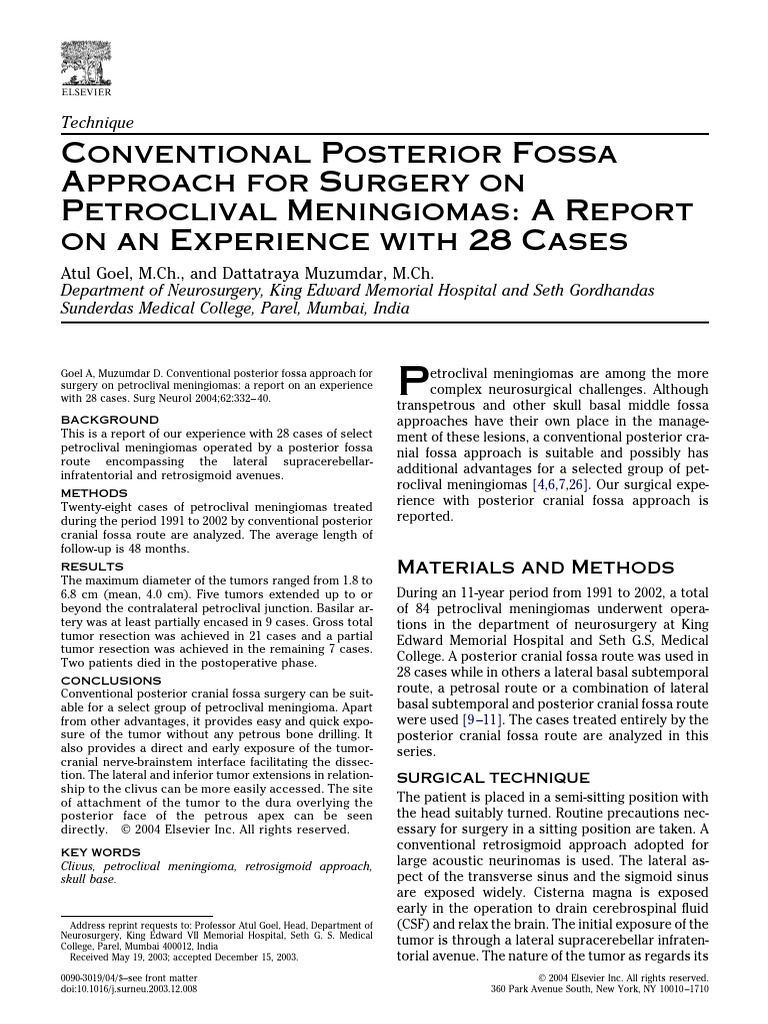 Posterior Fossa Surgery for Meningiomas | PDF | Surgery | Neurosurgery