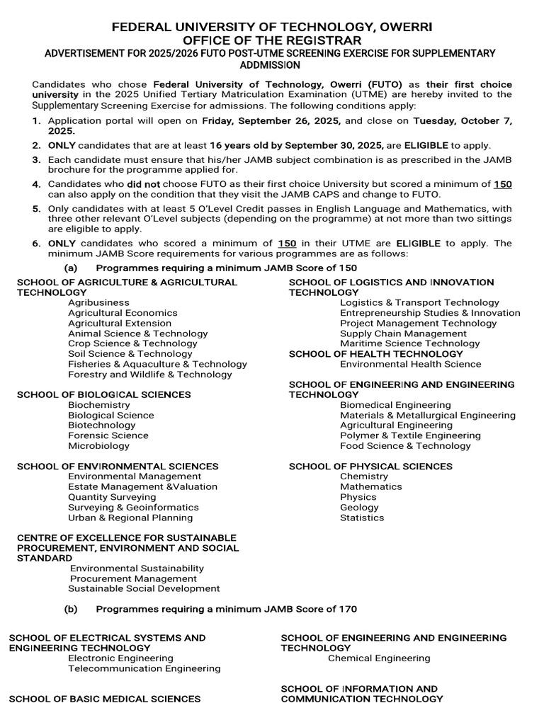 FUTO 2025/2026 Post-UTME Admission Guide | PDF | Engineering