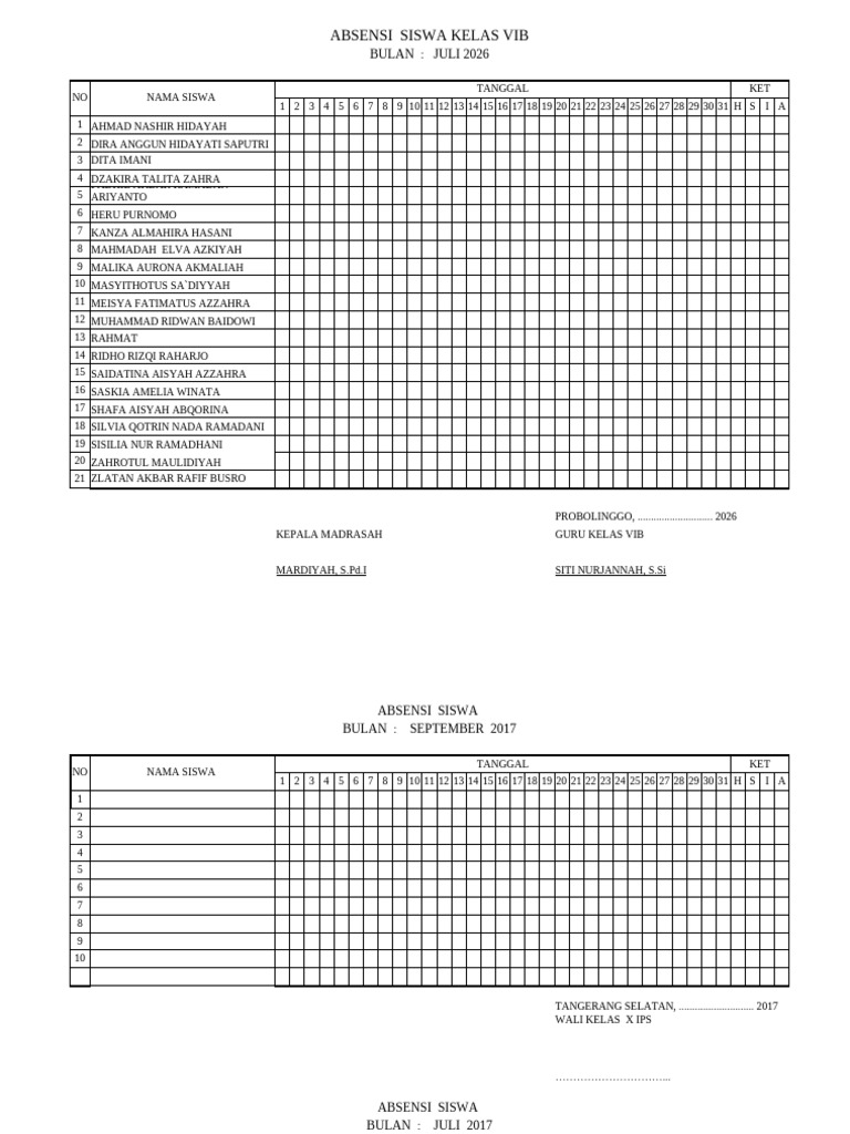 Absensi Siswa Kelas VIB Juli 2026 | PDF