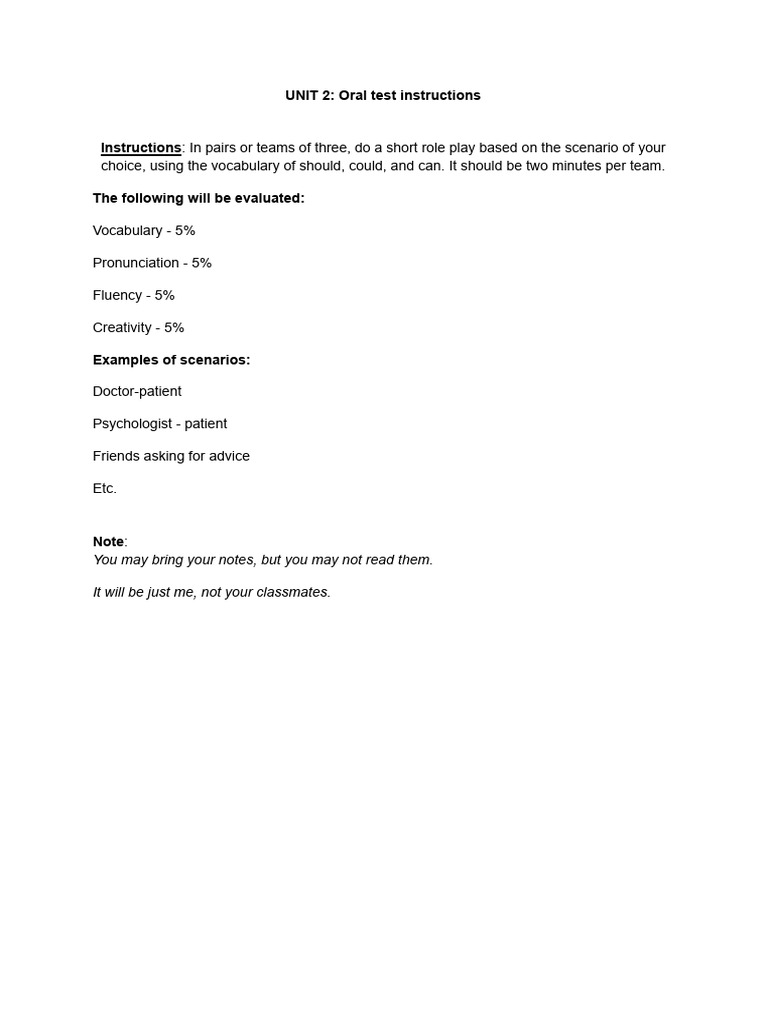 Oral Test Role Play Instructions | PDF