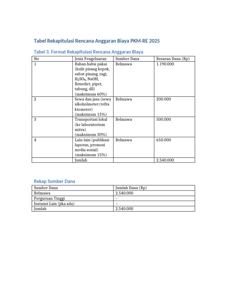 Rencana Anggaran Biaya PKM-RE 2025 | PDF