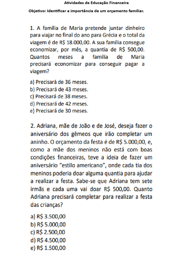 Atividades de Educação Financeira Do 6º Ano | PDF