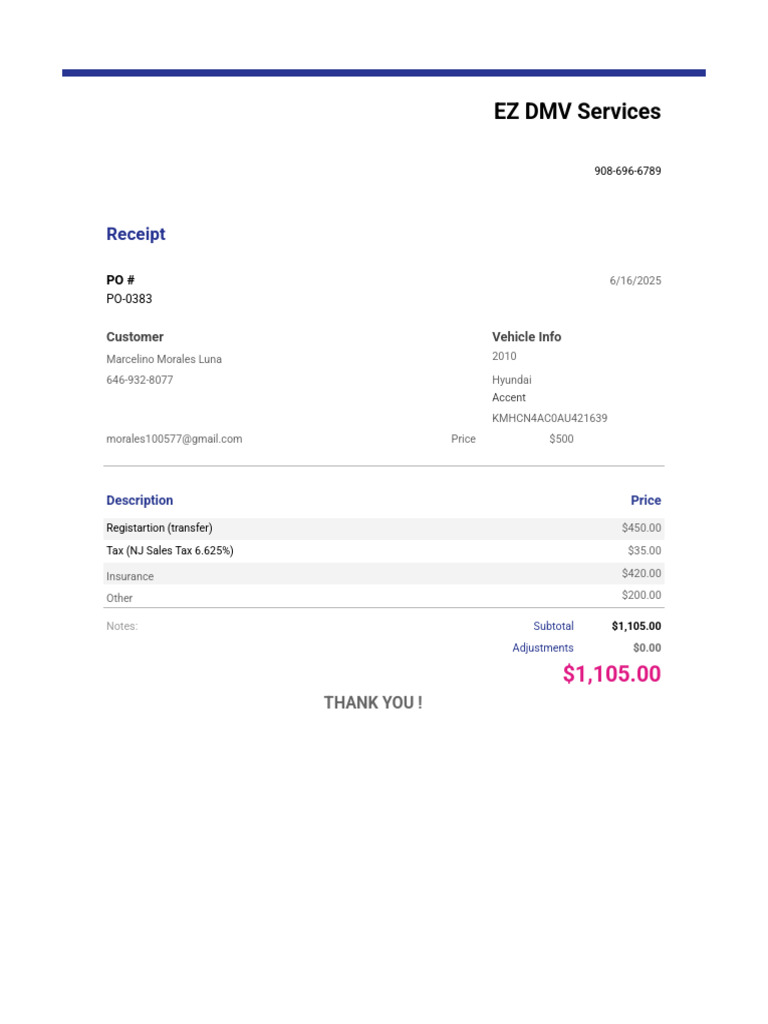EZ DMV Services Receipt for Vehicle Registration | PDF