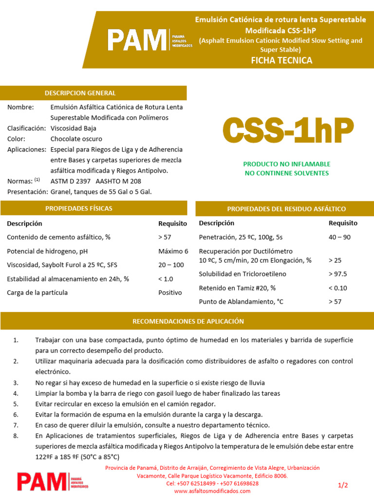 Ficha Técnica de Emulsión Asfáltica CSS-1hP | PDF | Emulsión | Agua
