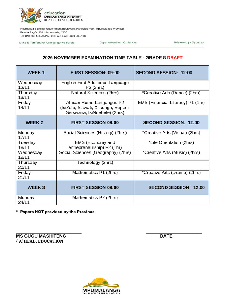 2026 Grade 8 Time Table Nov Draft | PDF
