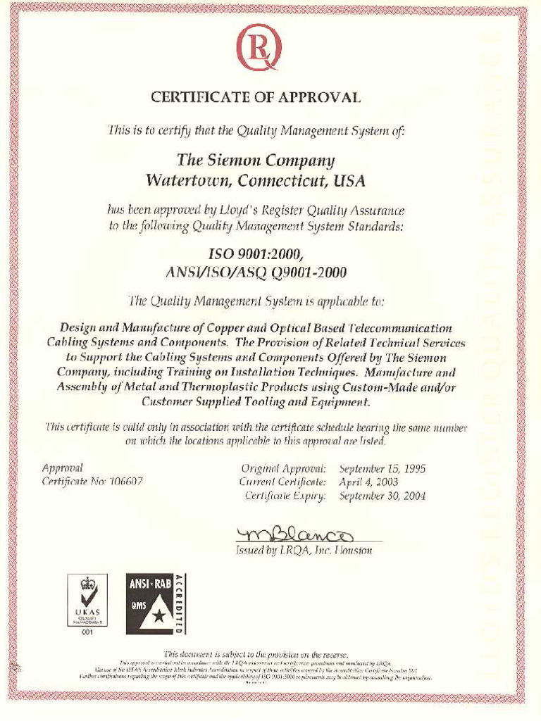 ISO 9001 (2000) Certificate | PDF