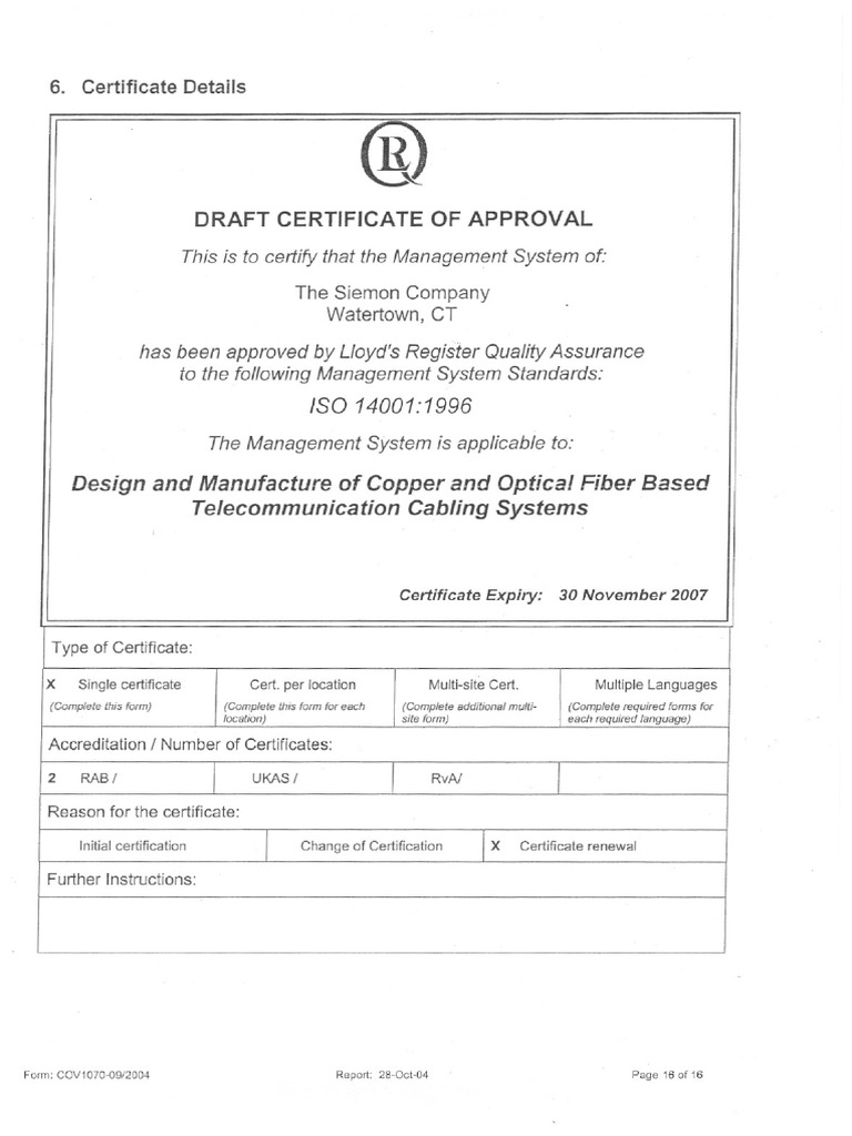 ISO 14001 Draft Certificate - 2004-2007 | PDF