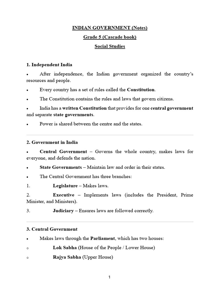 Indian Government Overview for Grade 5 | PDF | Government Of India ...