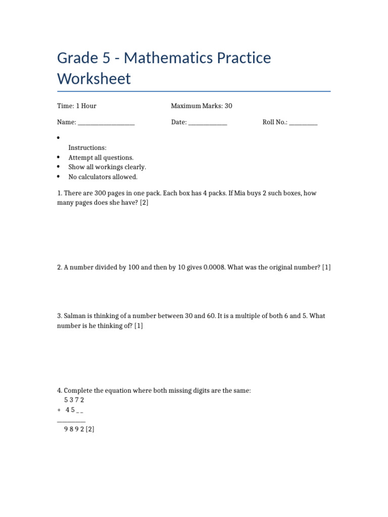 Grade 5 Math Practice Test | PDF